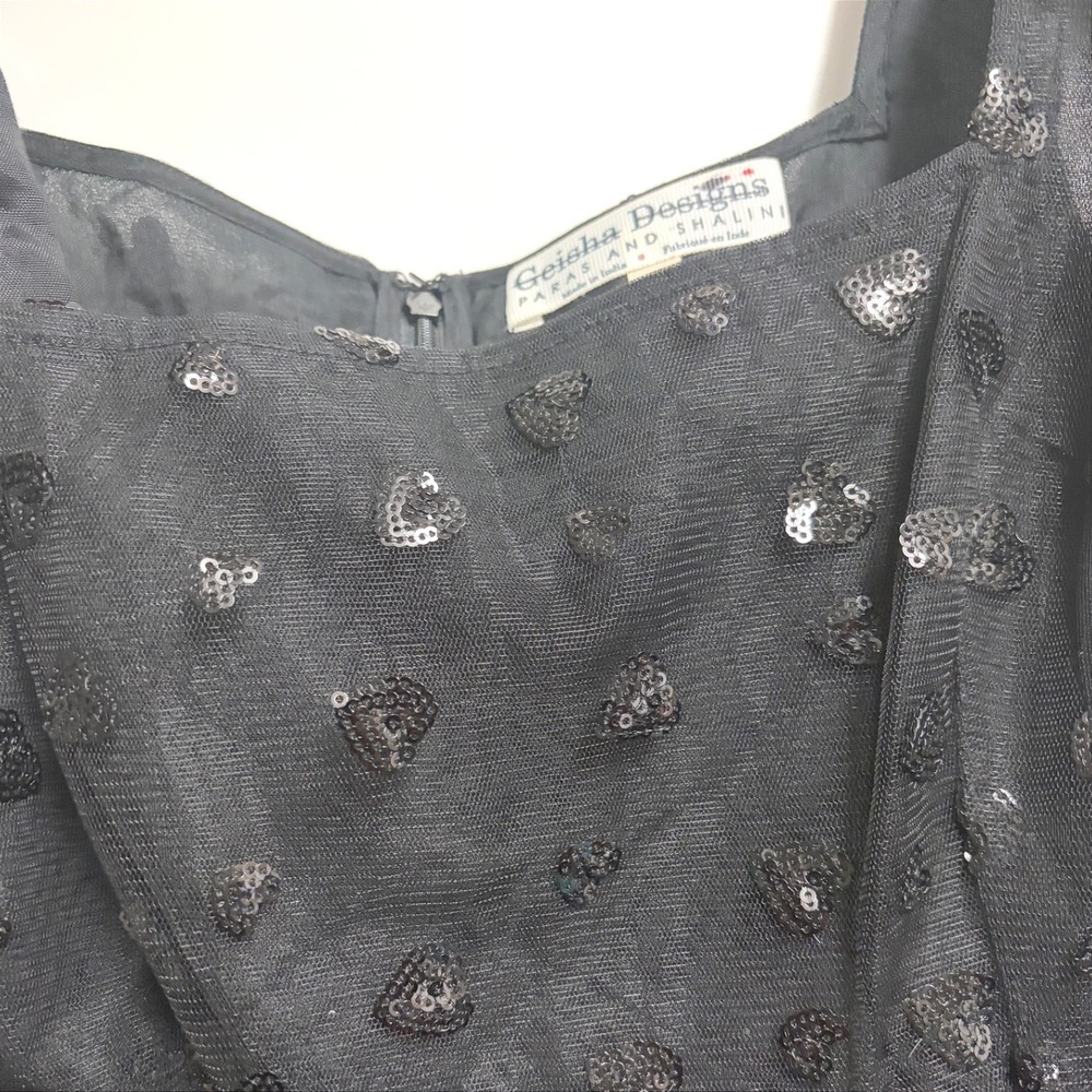 Anthropologie Geisha Designs Mini Dress Black Heart Sequin Tulle Velvet Bows 6 - Picture 8 of 10